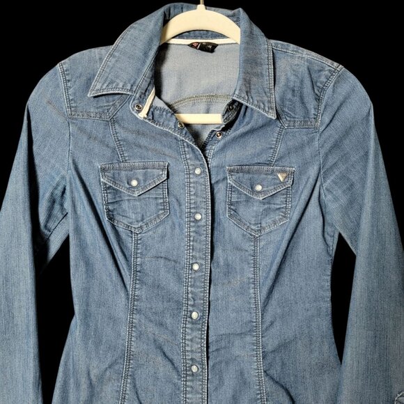 Guess Womens Blue Denim Jean Long Sleeve Western Fitted Snap Button Shirt Small - Picture 3 of 9